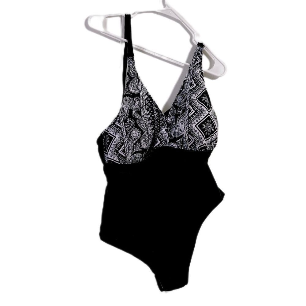 Black and White One-Piece Swimsuit with Plunging V-Neckline